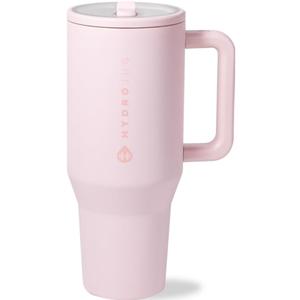 HydroJug Traveler - 32 oz Water Bottle with Handle & Flip Straw - Fits in Cup Holder, Leak Resistant Tumbler-Reusable Insulated Stainless Steel & Rubber Base - Gifts for Women & Men, Pink Sand (32oz)