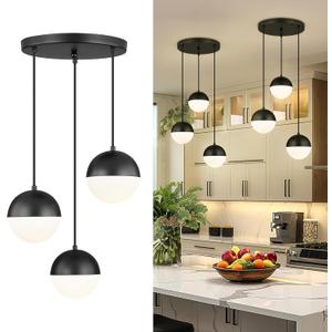 LMS Mid Century 3-Light Cluster Pendant Lights, Matte Black Kitchen Island Light Fixtures with White Globe Glass Shade, Adjustable Hanging Light for Home Office Bathroom Dining Room, LMS-186BK3