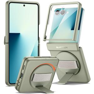 SURITCH for Samsung Galaxy Z Flip7 Case with 360 Rotatable Hand Strap Phone Grip Holder & Invisible Kickstand & Screen Protector, Protective Cover for Flip 7 -Green