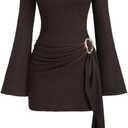 Milumia Women's Textured Mock Neck Metal Cinched Waist Long Bell Sleeve Dress Ruched Bodycon Party Club Mini Dress (Coffee), Small