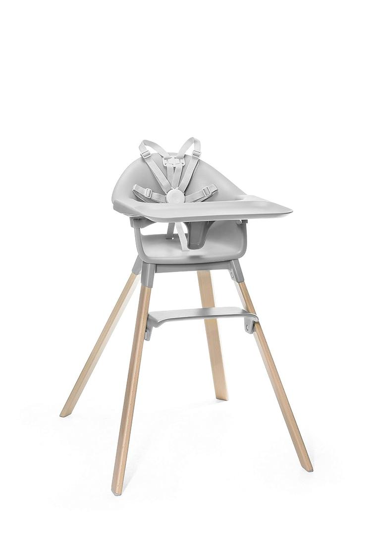 Stokke Clikk Easy to Clean Cloud Grey Baby High Chair with Natural Legs, All in One Box (Includes Tray and Harness)