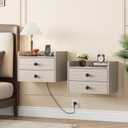 Floating Nightstand Set of 2 with 2 Storage Drawers and Charging Station Wood Wall Mounted Bedside End Table Modern Night Stands Set 2 for Bedroom,Small Space,Grey Black, 15.8 inches x 11.5 inches x 11.5 inches