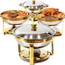 6QT Gold Chafing Dishes for Buffet, 304 Stainless Steel Food Pan with Lid, Round Chafing Dish Buffet Set of 4 Pack Food Warmer, Food Warmers for Parties Buffet Catering Events Dinners