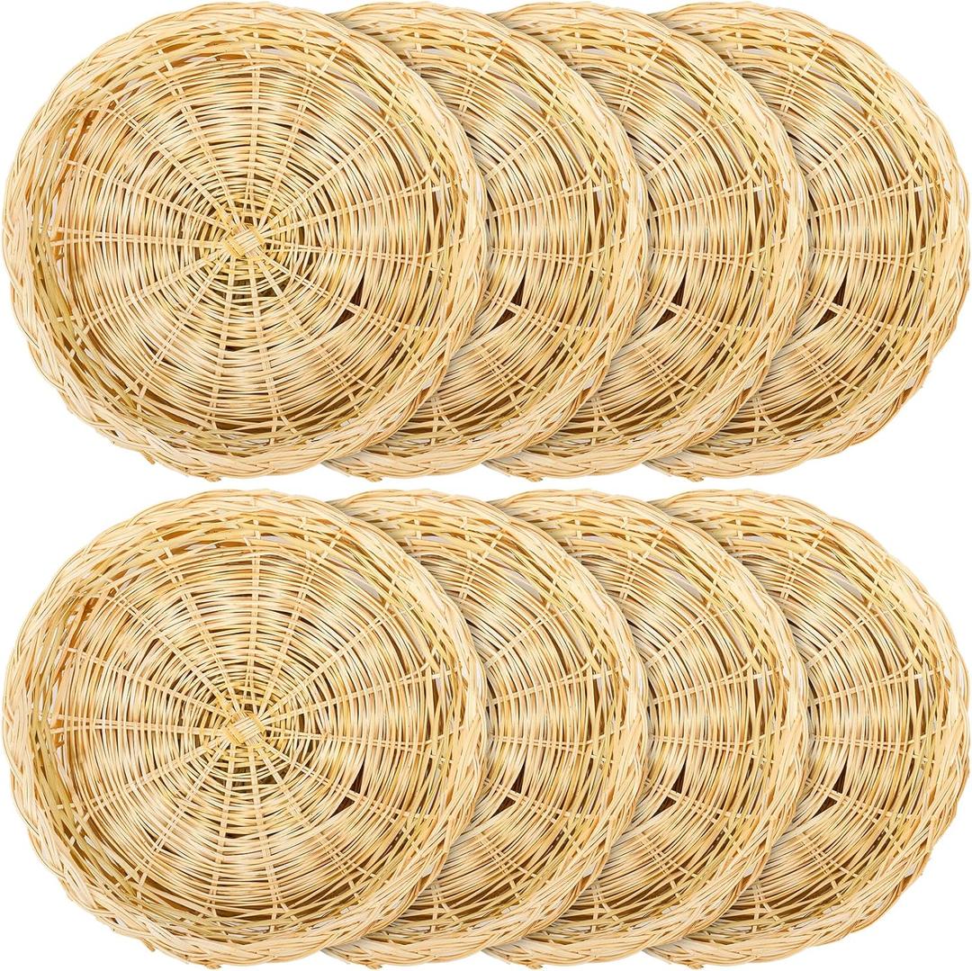 Fasmov 8 Pack Bamboo Paper Plate Holder, 10 inches Wicker Paper Plate Holder Bamboo Basket Plate, Hand Weave Brown Wicker Paper Plate Baskets for Home Picnic Daily Dinning Party Supplies