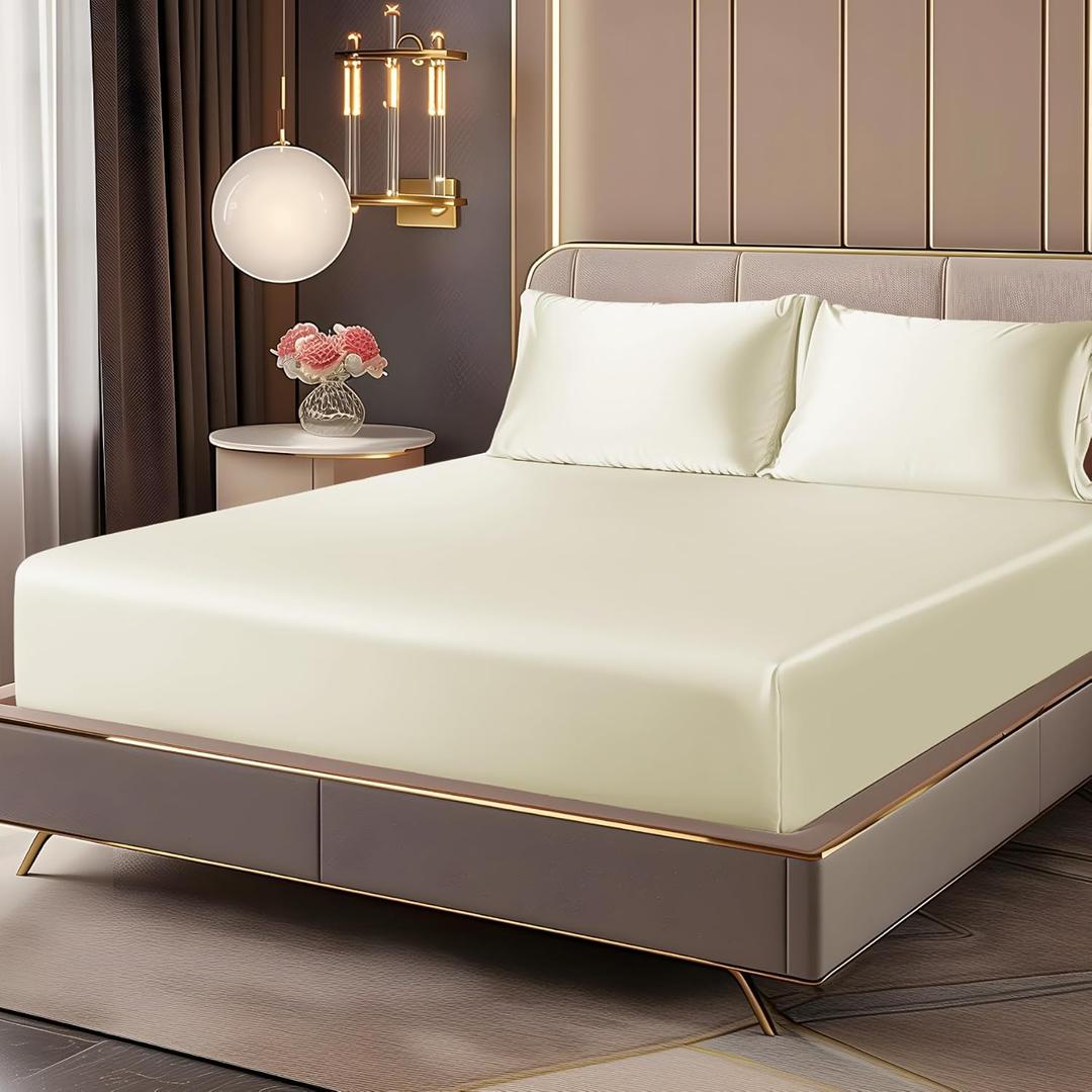 BEDELITE Satin Fitted Sheet and Pillowcases Set, Luxury Soft Similar to Silk Bottom Bedsheet with Elastic Corner Straps, Deep Pocket up to 15 Inch, 1 Fitted Sheet and 2 Pillowcases(Full, Beige)