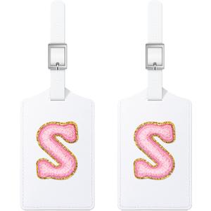 2 x Sodsay 2 PCS Initial Luggage Tag, Luggage Tags for Suitcases Cute Embroidered Letter PU Leather Travel Bag Baggage Tags Privacy Cover ID Label for Women Kids Teens Men(S, White Leather+Pink Letter)