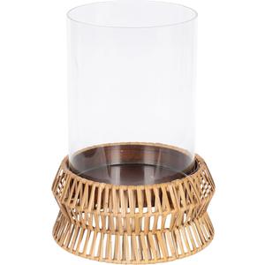 Kate and Laurel Rashana Modern Boho Rattan Pillar Candle Holder, 8 x 8 x 11, Natural, Coastal Hurricane Candle Holder with Glass Cylinder for Living Room Decor