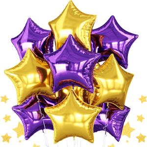 Purple Gold Star Foil Balloons, 10PCS Foil Stars Shape Balloons, 18 Inch Metallic Purple and Gold Stars Balloon Pentagram for Helium for Birthday, Carnival, New Years, Graduation Party Decorations
