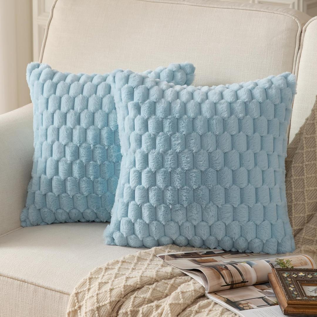 MANDIOO Pack of 2 Light Blue Super Soft Plush Fluffy Decorative Throw Pillow Covers 22x22 inch Faux Fur Wool Velvet Cushion Covers Pillow Cases Couch Sofa Bed Living Room