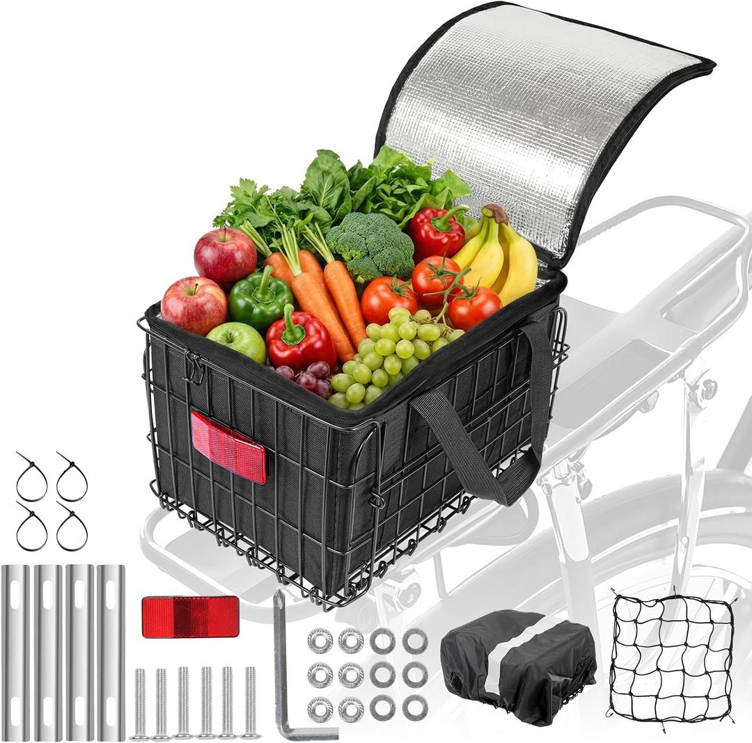 Rear Bike Basket with Foldable Design, 4mm Steel Frame, Waterproof Liner Bag & Cargo Net for Groceries and Commuting, Fits Most Rear Bike Racks