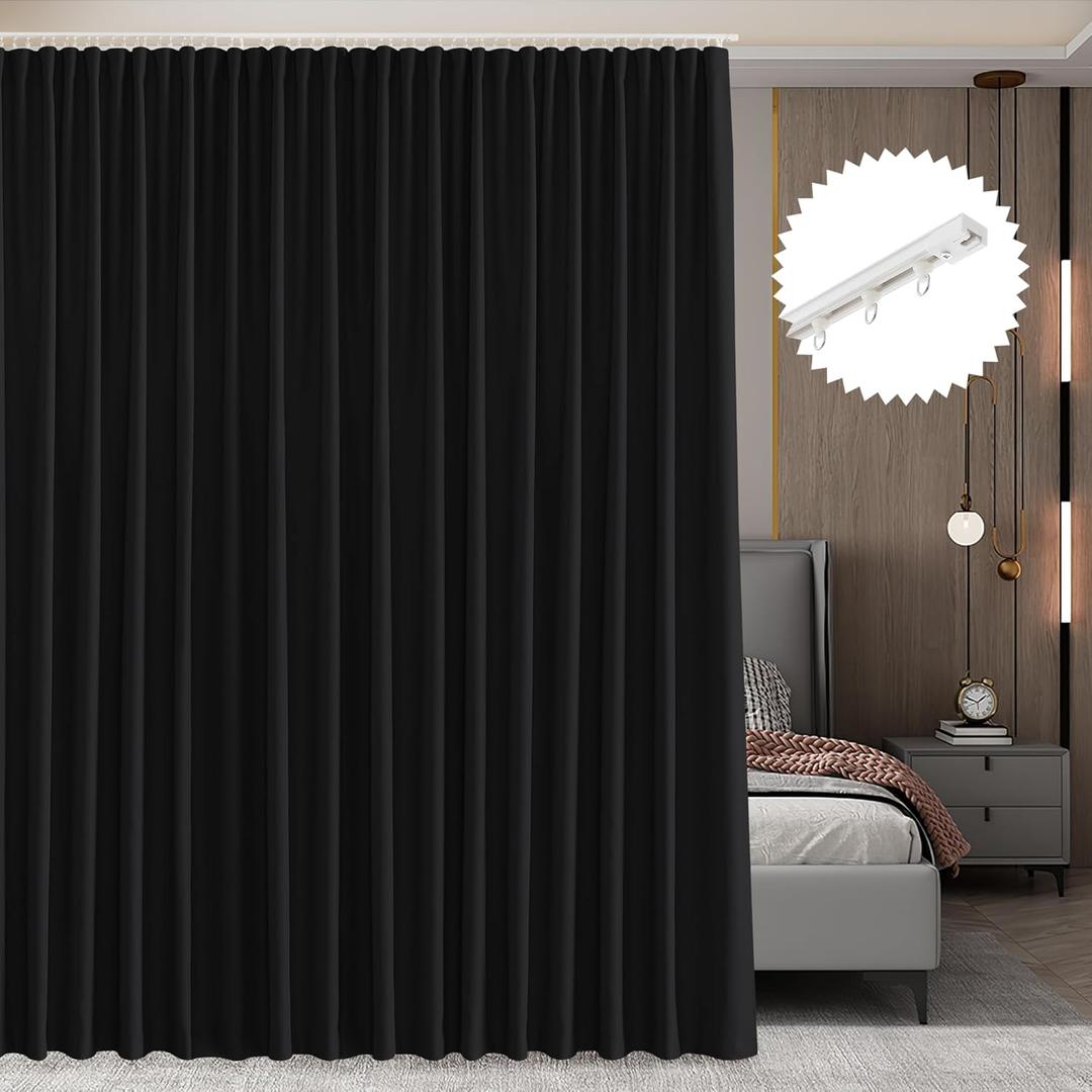 RYB HOME Room Divider Curtain Set with Ceiling Track, Privacy Blackout Curtain for Bedroom/Living Room/Basement/Patio/Sliding Glass Door Thermal Insulated, W100 x L84 in, Black, 1 Panel