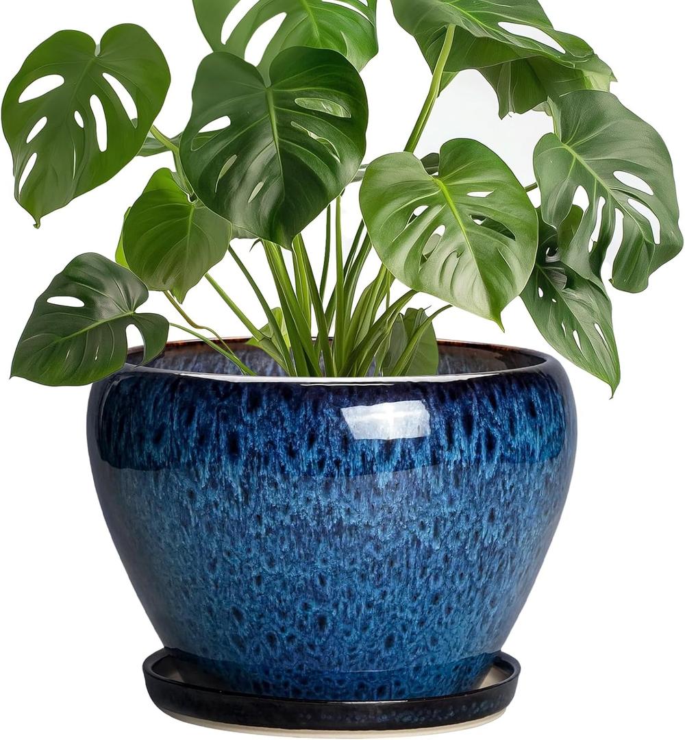 8 Inch Plant Pot - Ceramic Planter for Indoor Plants Outdoor, Round Planter with Drainage Hole and Saucer, Modern Decorative Flower Pots, Home Office Room Decor, Plant Lovers Gifts, Blue
