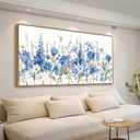 tigeridge Blue Floral Framed Wall Art - Vibrant Blue White Iris and Daisy Canvas Pictures Wall Decor Flower Painting Artwork Elegant Botanical Prints Living Room Decor 40 x 20in, Natural Wood Frame