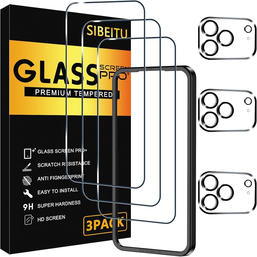 SIBEITU 3 Pack Screen Protector for iPhone 17 Pro Max with 3 Pack Camera Lens Tempered Glass Protector + Installation Frame, 6.9 Inch HD Clear Glass Film 9H Hardness Scratch Resistent, Case Friendly