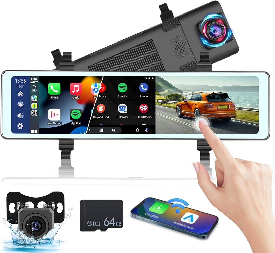 NHOPEEW 11.26 inch Rear View Mirror Camera with Carplay and Android Auto - Mirror Dash Cam Front and Rear - FM Transmitter/Bluetooth/Split Screen/Voice Control/Loop Recording + 64GB TF Card