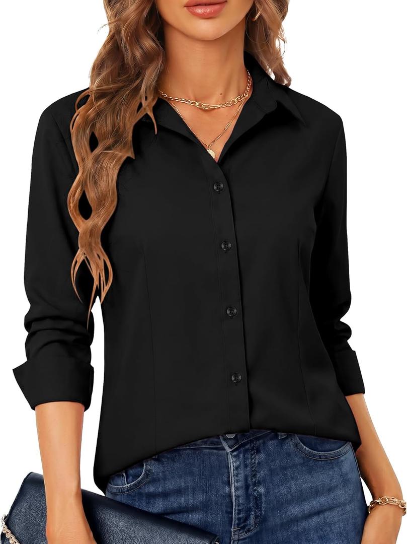 BBIBBI Regular, Petite & Tall XS-6XL Women's Stretch Long Sleeve Button Down Dress Shirts Solid Business Casual Work Blouse (Medium Petite, 00055_black)