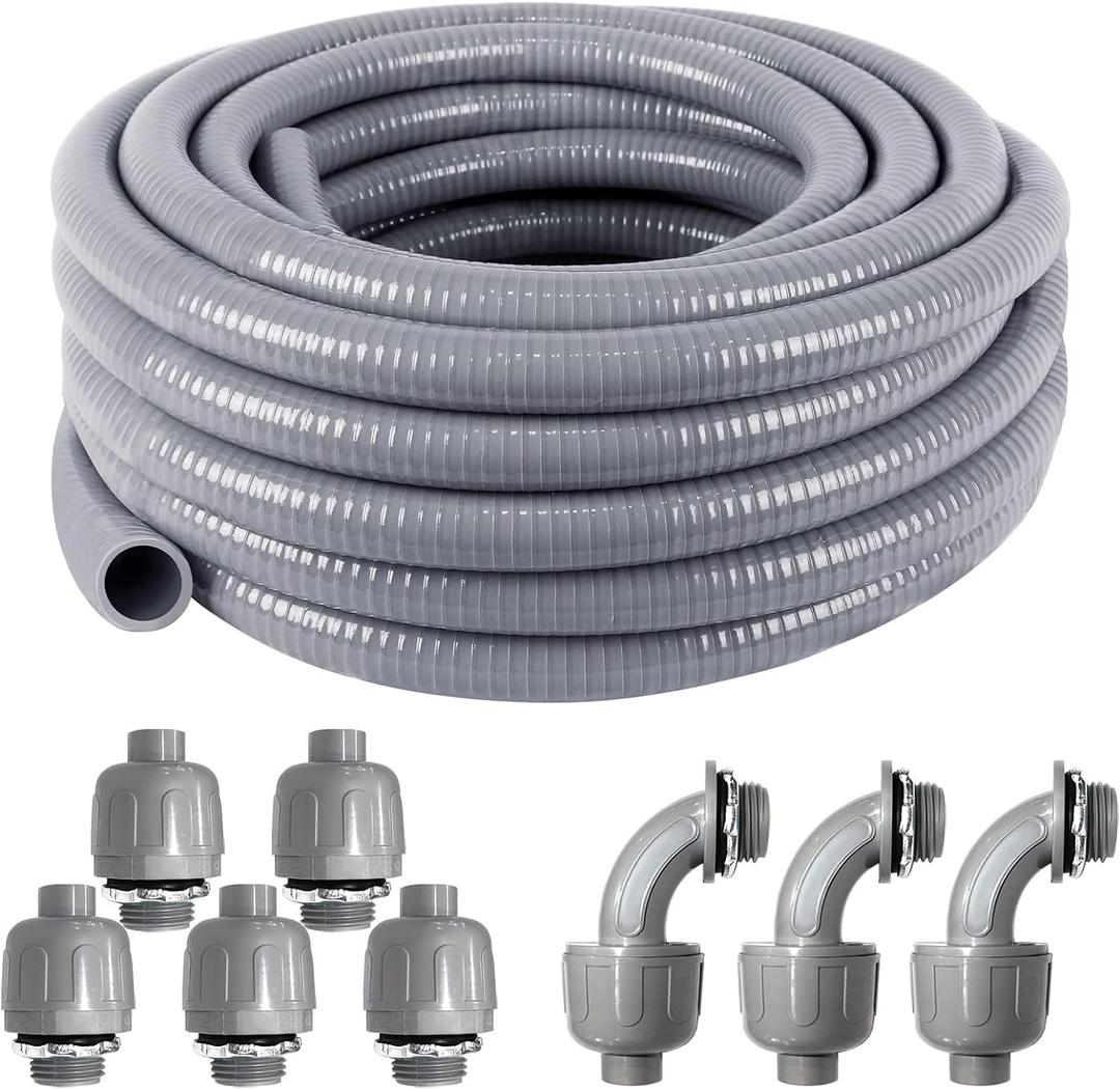 1inch 25ft Electrical Conduit Kit,Liquid-Tight Conduit and Connector Kit with 5 Straight and 3 Angle Fittings Included,Flexible Non - Metallic Electrical Conduit(1" Dia, 25 Feet)