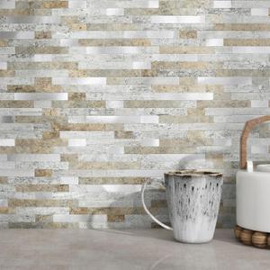 MOFIT 3D Stone Brick Backsplash Tile for Kitchen Peel and Stick Self-Adhesive Wall Tile,Marble Linear Mosaic Tiles Stickers Bathroom Wall Panels Fireplace Vanity (Castle Brown,10sheets)