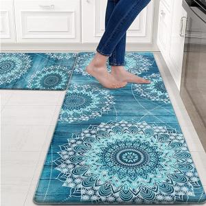FRAMICS Kitchen Mats for Floor 2 Piece, Waterproof Non Slip, Memory Foam Cushioned, Floral Kitchen Rugs Set, Teal 17.3"30"+17.3"47"