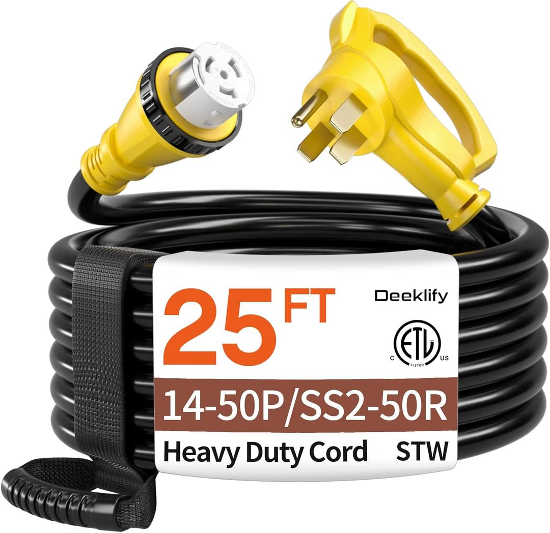 25FT 50 Amp Generator Cord, NEMA 14-50P/SS2-50R Heavy-Duty 4 Conductors Cable, Pure Copper STW RV Extension Cord, Female Plug with Twist Lock, Suitable for RV or Camper, ETL Listed