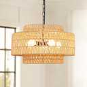 24" Large Rattan Chandelier, 6-Light Boho Dining Room Light Fixture Over Table, Natural Handwoven Wicker Pendant Lamp for Living Room, Coastal Farmhouse Hanging Ceiling Light