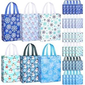 Sweetude 60 Pcs Reusable Winter Tote Bags Bulk 12.6 x 9.8 x 4.3 Inch Blue White Gift Bags with Handles Non Woven Penguins Snowman Snowflakes Christmas New Year's Shopping Holiday Party Supplies