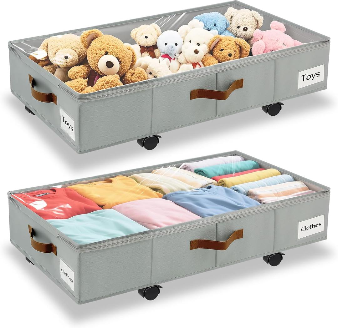 Under Bed Storage with Wheels,Underbed Storage with Sturdy Sidewalls/Bottom, Clear Cover, Label and PU Handle, Rolling Under Bed Drawers for Clothes, Shoes, 5.5 Inch Height,Grey, 2 Pack