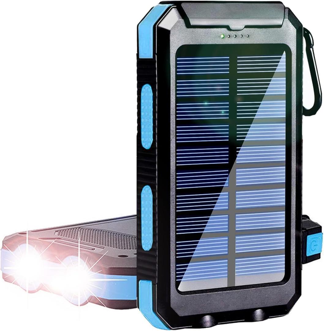 Solar Power Bank, YELOMIN 20000mAh Portable Outdoor Solar Charger, Camping Waterproof Backup Battery Pack with Dual USB 5V Outputs/LED Flashlights and Compass for Cellphones, Perfect for Hiking Travel (Blue)