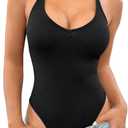 WDIRARA Women's Deep V Neck Sleeveless Halter Bodysuit Backless Leotard Cami Body Suit (Medium, Black)