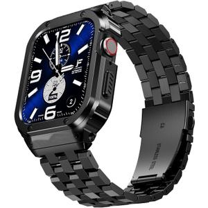 SUPLINK Stainless Steel Case with Band Compatible with Apple Watch Bands 42mm 44mm, Metal Rugged Protector Cover Bumper Replacement Strap for iWatch Apple Watch Series SE 6 5 4 3 2 1 Men (Black)