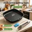Cast Iron Grill Pan, 9.5 inch Square Grill Pan Skillet with Pour Spout, Cast Iron Griddle Pan with Small Meat Tong, Oil Brush & Hemp Rope for Stove Tops, Gas, Induction, Grill, Campfire, Oven Safe