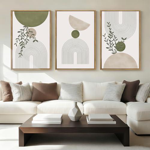 ANHUIB Boho Abstract Wall Art Canvas, Sage Green Wall Decor Framed, Geometric Line Art Prints Leaves, Minimalist Artwork Botanical, 3 Piece 24x36In Beige Nature Painting for Living Room Bedroom
