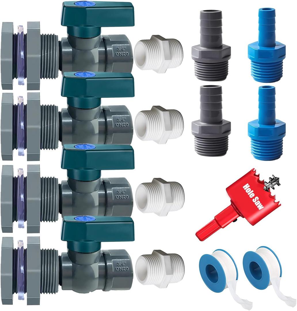 Rain Barrel Spigot Kit with Hole Saw 4 Pcs PVC Bulkhead Fitting, Ball Valve, Garden Hose Male Threaded Adapter, Barb Adapter, Thread Seal Tape (3/4 Inch)