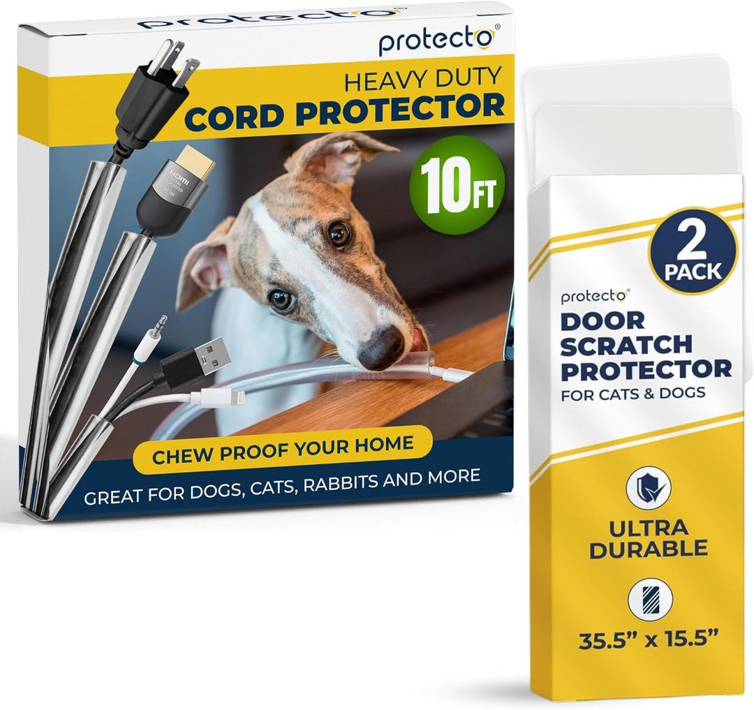 PROTECTO 2Pack Door Protector from Dog Scratching, Cat Dog Scratch Door Protector, 35.5x15.5 Heavy Duty Cord Protectors from Pets No Chew Solution, 10ft Easy to Use Dog & Cat Cord Protector