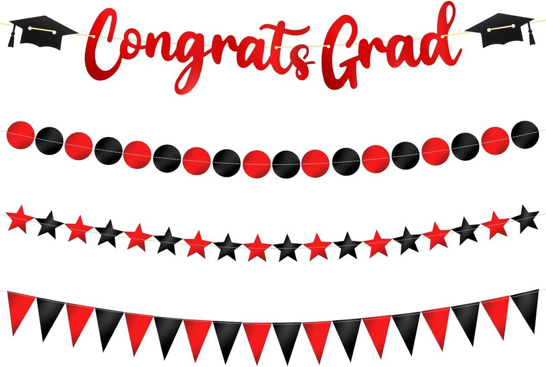 VitalCozy 4 Pcs 49.2 Feet Congrats Grad Banner Class of 2026 Graduation Party Decorations Congrats Grad Garland Triangle Flag Star Glitter Decor for College Graduation Party Supplies(Black and Red)