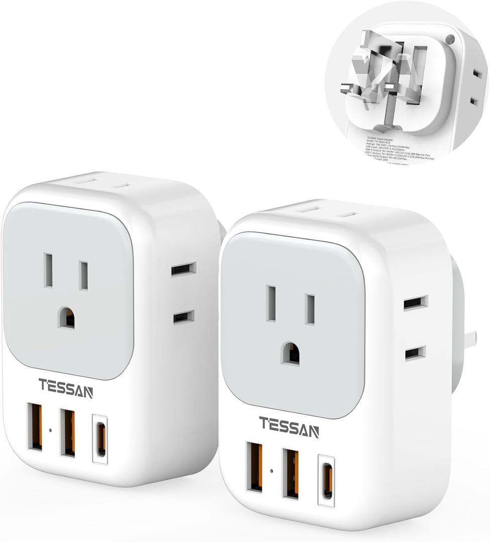 UK Adapters for Travel, TESSAN US to UK Ireland Plug Adapter 20W, Foldable Power Adaptor with 4 Outlets 3 USB(PD 20W 1 USB C) Charger, Type G for USA to Scotland London England Hongkong Dubai Irish