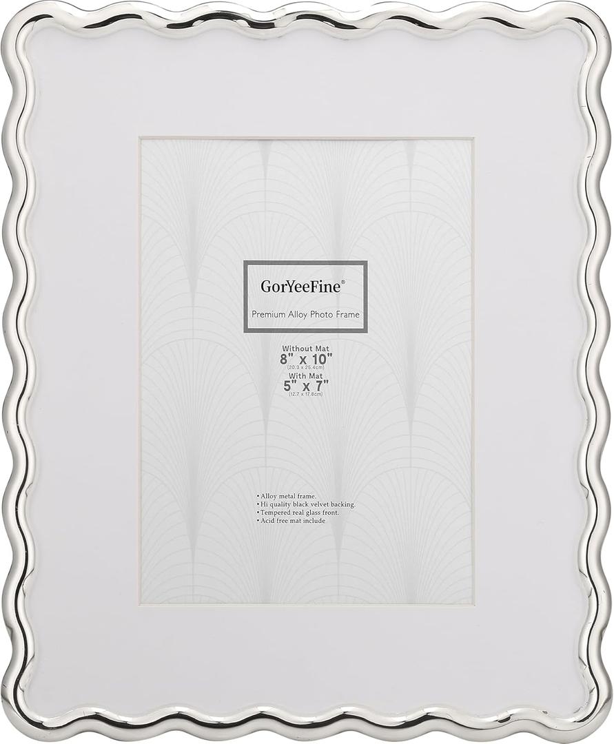 Silver 8x10'' Heavy-Duty Zinc Alloy Photo Frames with Acid Free Mat for 5x7'',Wave Design Silver Picture Frame 8x10'' with Black Velvet Backing,for Desktop and Wall Hanging