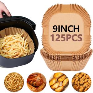 UBeesize 9-Inch Air Fryer Parchment Liners - 125 Pack, Square Non-Stick Disposable Paper Sheets for Microwave & Air Fryers, Unbleached Baking Sheets (8-Inch Base)