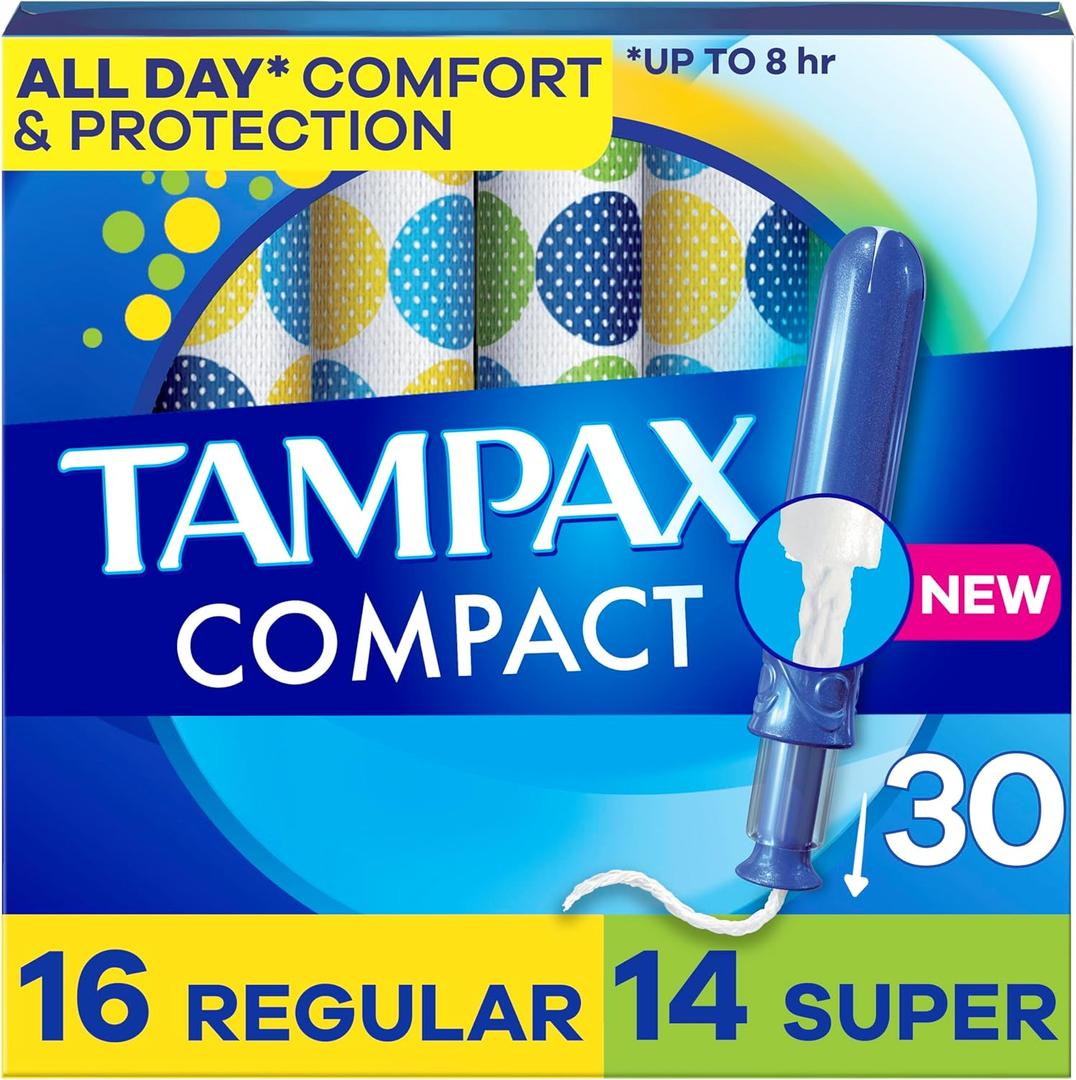 Tampax Compact Pearl Tampons Multipack, with LeakGuard Braid & Extendable Applicator, Regular/Super Absorbency, Compact Extendable Applicator, Unscented, 30 Count