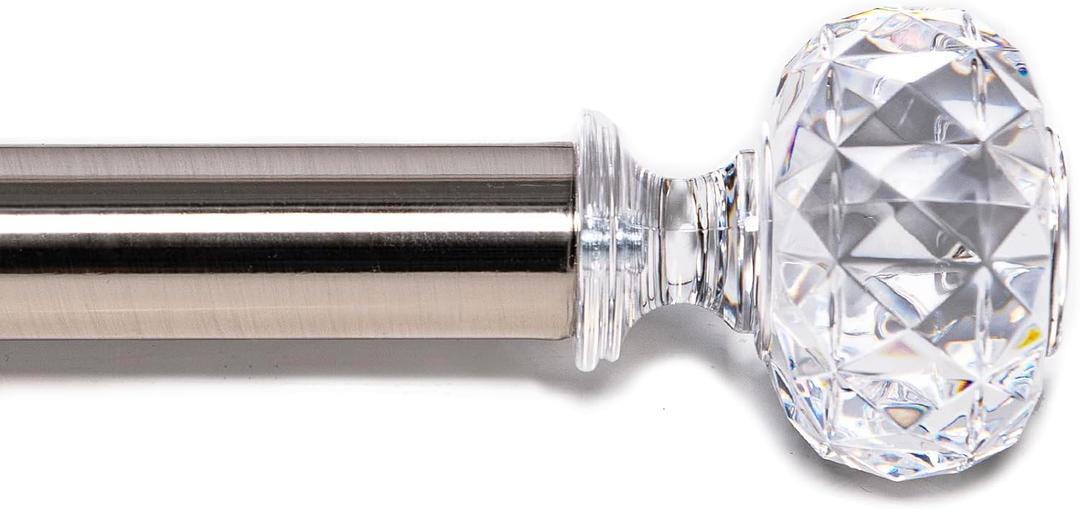 DWCN Decorative Single Curtain Rods for Windows 28 to 48 inch, 1 Inch Diameter with Acrylic Finials, Heavy Duty Adjustable Rod Curtain Splicing Metal Curtain Rod for Windows (Brushed Nickel, 32"-56")