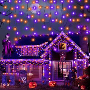Heceltt Halloween Lights Outdoor Decorations, 640 LED 66FT Orange and Purple Light, 8 Modes Plug in 120 Drops Ice String Lights with Timer Memory Function Hanging Light for Halloween Party Decor