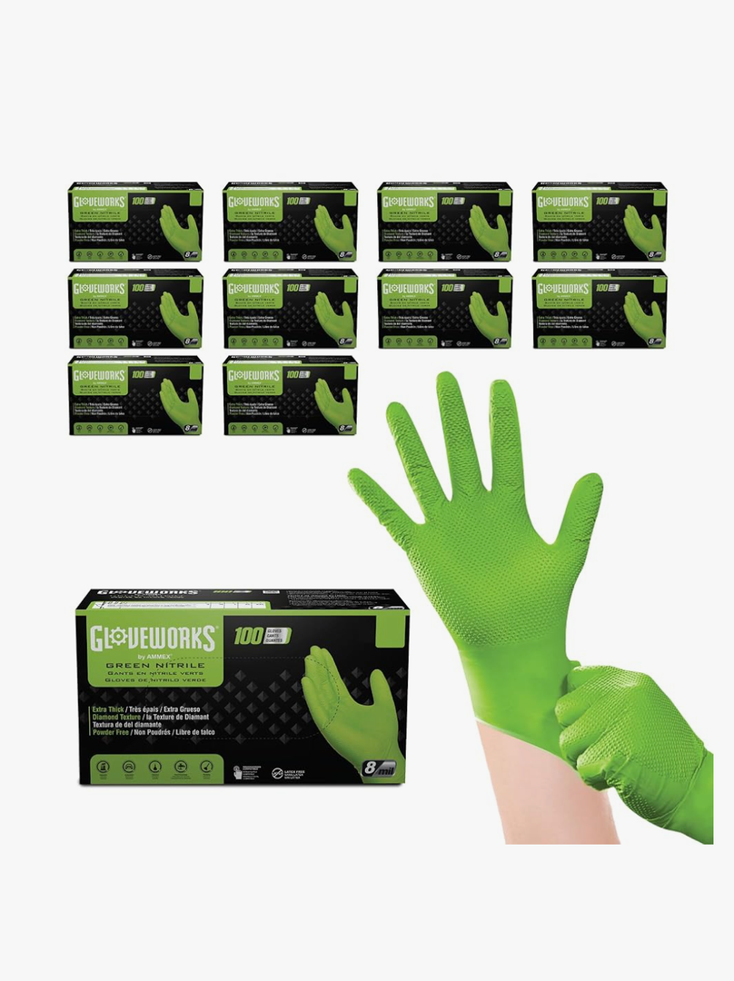 GLOVEWORKS HD Green Nitrile Gloves 1000 Pack, 8 mil Nitrile Gloves XL Size, Nitrile Disposable Gloves with Raised Diamond Grip