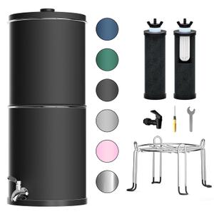 Purewell 3-Stage 0.01m Ultra-Filtration Gravity Water Filter System, NSF/ANSI 42&372 Certification, 304 Stainless Steel Countertop System with 2 Filters and Stand, Reduce 99% Chlorine, 2.25G, PW-OB, Black 