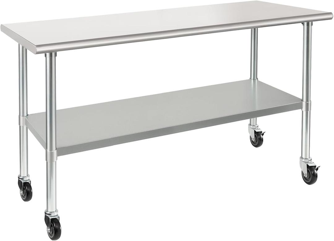 HARDURA Stainless Steel Table with Wheels 24 x 60 Inches Casters NSF Heavy Duty Commercial Work & Prep Table with Undershelf and Galvanized Legs for Restaurant Kitchen Bar and Hotel Garage
