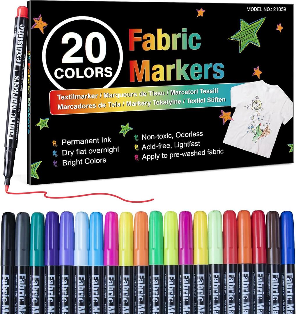 Fabric Markers Permanent for Clothes, Easter Gifts, 20 Colors Fabric Pens Permanent No Bleed, Fine Tip Fabric Paint Pens Paint Markers, Non-Toxic Marker Paint for Tote Bag White Shirt Baby Bibs Shoes