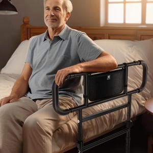 FORTEMOTUS Bed Rails for Elderly Adults Safety Foldable - Heavy Duty Bed Assist Rails for Senior, with Extendable Bed Guard Rails, Adjustable Heights, Storage Pocket& Safety Belt, can Withstand 450LB (For 4''-8'' Mattress)