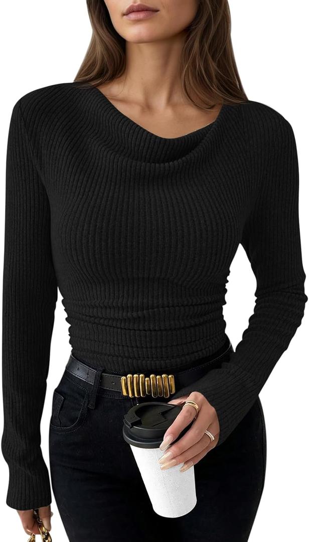 Pink Queen 2026 Spring Cowl Neck Tops for Women Long Sleeve Ruched Slim Fit Ribbed Knit Basic Shirts (Medium, Black)