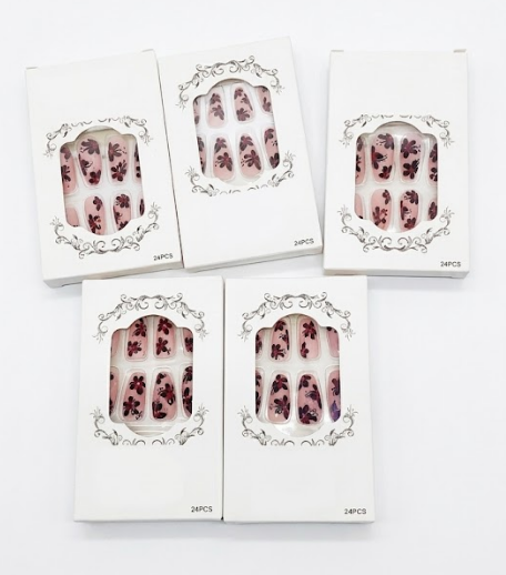 French Tip Press on Nails Short Square Flower Fake Nails Blue False Nails with White Hibiscus Glitter Rhinestones Designs Glossy Glue on Nails Acrylic Nails for Women Girls 24Pcs (Style11)