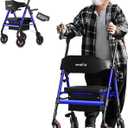 Upright Walkers for Seniors, 450 lb Heavy Duty Stand Up Rollator Walker with Adjustable Soft Sponge Armsupport & Seat, Tall Standing Folding Rolling Walker with 8'' Wheel, Blue