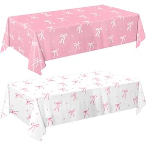 Oigco 2 Pcs Pink Bow Tablecloth, Coquette Birthday Decorations, Bow Plastic Table Cover for Girls Bridal Wedding Pink Bow Birthday Decorations, 54x108 Inch